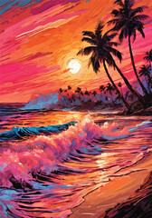 A Majestic Sunset with Palm Trees and Waves Animation Vector illustration.	
