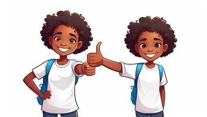 Two African American elementary school girls with a backpack, wearing a white T-shirt, showing a thumbs-up on a white background, Happy student girls celebrate freedom by recommending the best  - obrazy, fototapety, plakaty