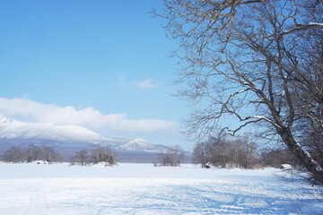 A view of the park in winter after it snows.