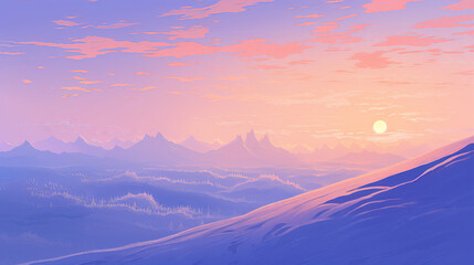 Beautiful winter landscape. Sunrise over the mountains. Vector illustration