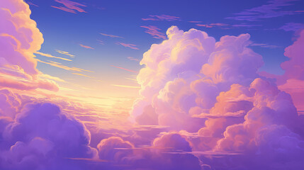 Illustration of a fantasy cloudscape with a sunset in the background
