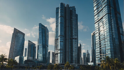 Fototapeta na wymiar Urban photograph featuring contemporary skyscrapers in a smart city, a futuristic financial center with a blue-toned background and gentle sun rays.