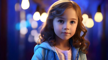 portrait of a child, portrait of a child girl, vibrant blue lighting, Generative AI 