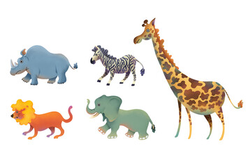 Safari animals Digital Illustration with Lion, Zebra, Giraffe, Rhino, and Elephant set, Painting safari animals, Cute Lion, zebra, giraffe, elephant, rhino. World Wildlife 