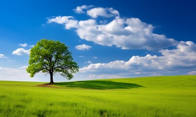 Green meadow and lonely tree on blue sky background