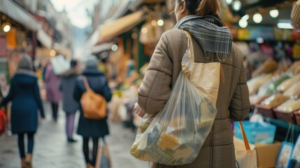 Fototapeta na wymiar Back view of a woman with a reusable shopping bag walking through a sunlit farmers market