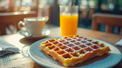 A breakfast with waffles and coffee on a table in a cute cafe