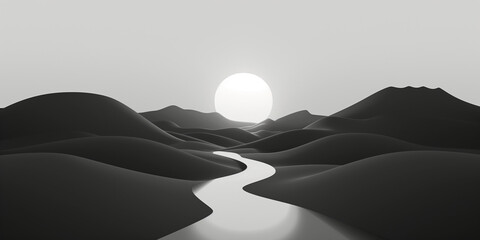 Fototapeta premium Paysage abstrait d'un coucher de soleil sur les dunes, désert traversé par un fleuve, oasis en noir et blanc