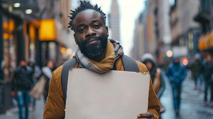 Black man holding showing blank white empty paper board frame billboard sign on street for message ad advertising with copy space for text, protest protesting concept - obrazy, fototapety, plakaty