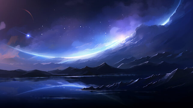 Fantasy landscape with lake, mountains and starry sky