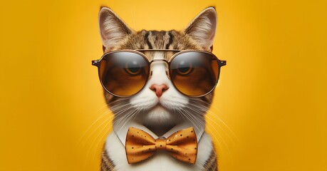 Cat with sunglasses on yellow background. Animal surrealism humanization concept