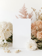 Blank paper sheet standing on a table with flowers, wedding sign mockup in elegant feminine style - 732600492