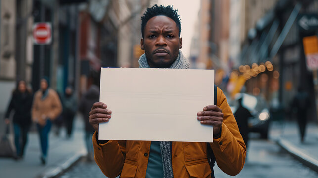 Black man holding showing blank white empty paper board frame billboard sign on street for message ad advertising with copy space for text, protest protesting concept