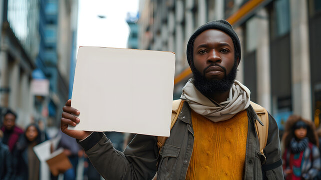 Black man holding showing blank white empty paper board frame billboard sign on street for message ad advertising with copy space for text, protest protesting concept