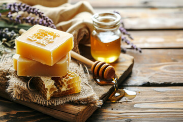 Obraz na płótnie Canvas Handmade honey soap bars on honeycomb with a jar and fresh lavender flowers on a rustic wooden table background, organic skincare routine concept, for natural cosmetic stores