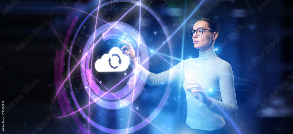 Poster cloud technology, computing and data storage concept. businesswoman pressing button on virtual scree