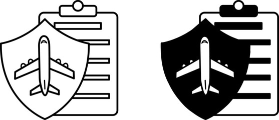 Travel Insurance Icons. Black and White Vector Icons. Insurance Policy, Airplane, and Protection Sign. Travel and Vacation Concept