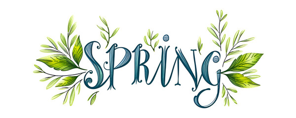 Banner with the inscription "Spring" with green leaves on a white background. Artistic, elegant logo. Minimalistic illustration in blue and green colors.