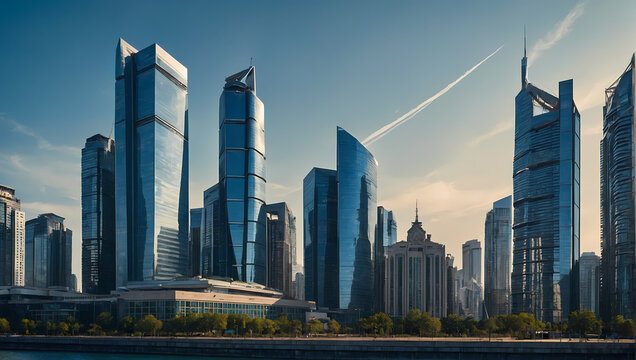 Captivating view of modern skyscrapers in a smart city, an avant-garde financial district featuring architectural brilliance, set against a blue backdrop with sunlit highlights.