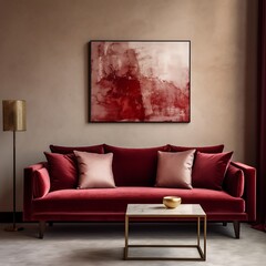 red sofa with beige pillows in modern living room.