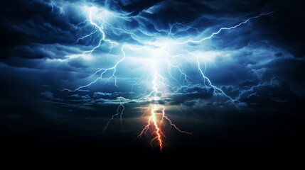 Lightning strike in dark cloudy sky. Thunderstorm - obrazy, fototapety, plakaty
