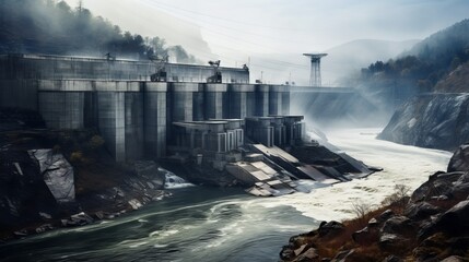 The hydroelectric dam on the river on a cloudy rainy day.