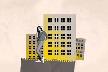 Photo collage image poster standing young happy woman new accommodation apartment purchaser...