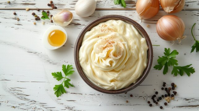 Freshly Prepared Mayonnaise and Its Raw Ingredients Beautifully Presented on a White Wooden Surface