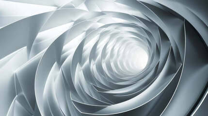 A sleek silver spiral tunnel with a smooth, metallic sheen in a 3D design. - obrazy, fototapety, plakaty
