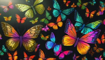 Dark background, butterflies, many colors.