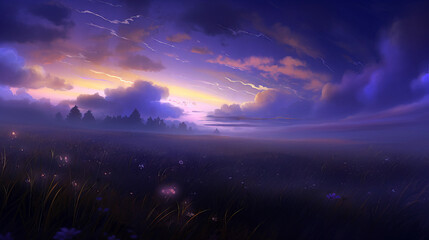 Fantasy landscape with foggy meadow at sunset