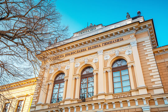 04 January 2024, Novi Sad, Serbia: historic Gymnasium in Novi Sad, Serbia, named after Jovan Jovanovic Zmaj, standing tall as a landmark of education and heritage in the heart of the city.