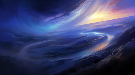 Fototapeta premium Abstract fantasy landscape with a blue sky and clouds