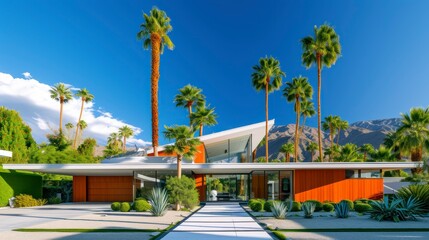 The Iconic Style of Mid-Century Modern Architecture Interwoven with the Natural Elegance of Palm Trees - obrazy, fototapety, plakaty