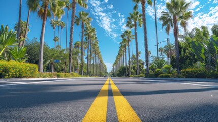 A Bright Yellow Line Splits the Street, with Lush Palm Trees Providing Shade on One Side - obrazy, fototapety, plakaty
