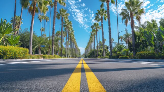 A Bright Yellow Line Splits the Street, with Lush Palm Trees Providing Shade on One Side