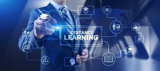 Distance education remote learning e-learning. Businessman pressing button on screen.