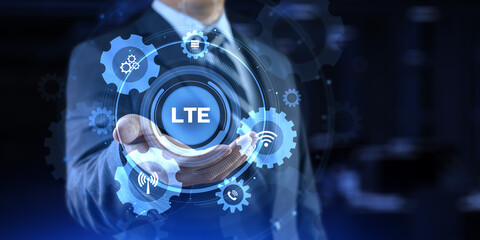 LTE Wireless mobile internet concept. Businessman pressing virtual button.