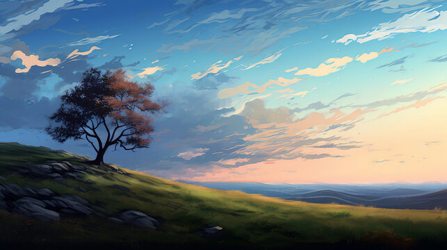 Lonely tree on a meadow at sunset. Digital painting