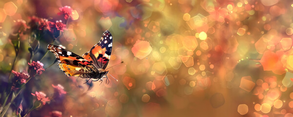 Watercolor painting of vibrant butterfly amidst blooming flowers, under a dreamy bokeh light