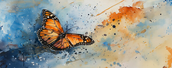 Monarch butterfly takes flight, set against a dreamy, abstract watercolor background