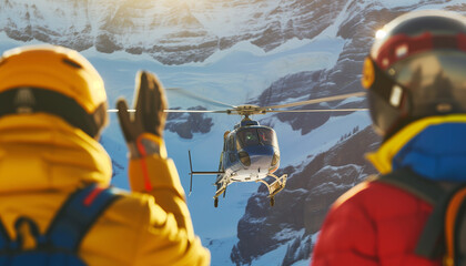 Skiers greetings Medical Rescue helicopter landing in high altitude mountains after life-threatening accident. Travel, active people, safety and Traveling insurance concept image. - obrazy, fototapety, plakaty