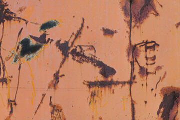 Metal surface painted with orange color, with multiple rusty scratches