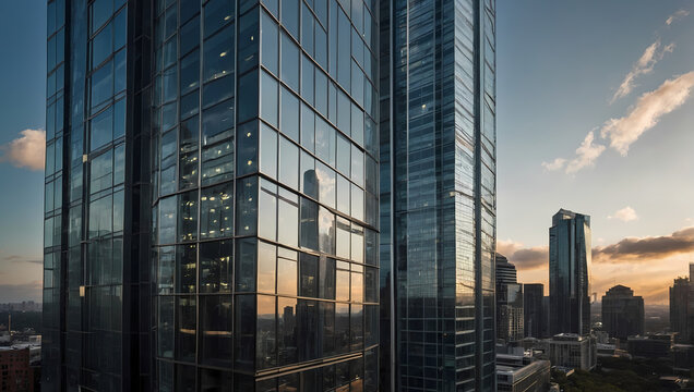 Contemporary Corporate Tower with Glass Facade and Skyline Views.