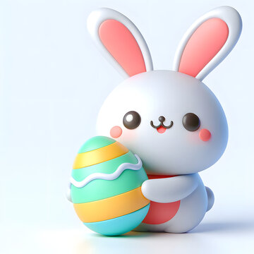 Easter cute white 3d Rabbit holding colourful egg