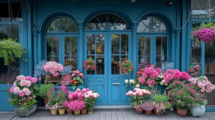 Fototapeta na wymiar A Picturesque Blue Flower Shop with Arched Windows, Overflowing with the Splendor of Pink Peonies