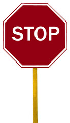 Red STOP sign, with yellow wood pole, isolated on transparent background in Brazil. Isolated Traffic Regulatory Warning Signage
