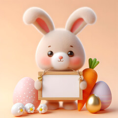 Happy Easter cute Rabbit holding blank board and carrot with eggs 3d illustrations
