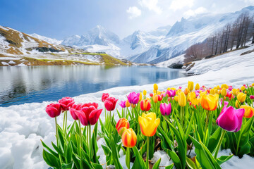 Colourful bright flowers growing from snow against the background of snow-covered beautiful...