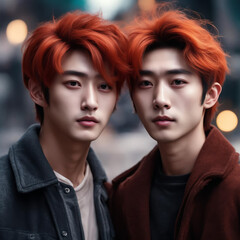 Young beautiful Korean men. They have traditional idol-style makeup. Same-sex love. 
